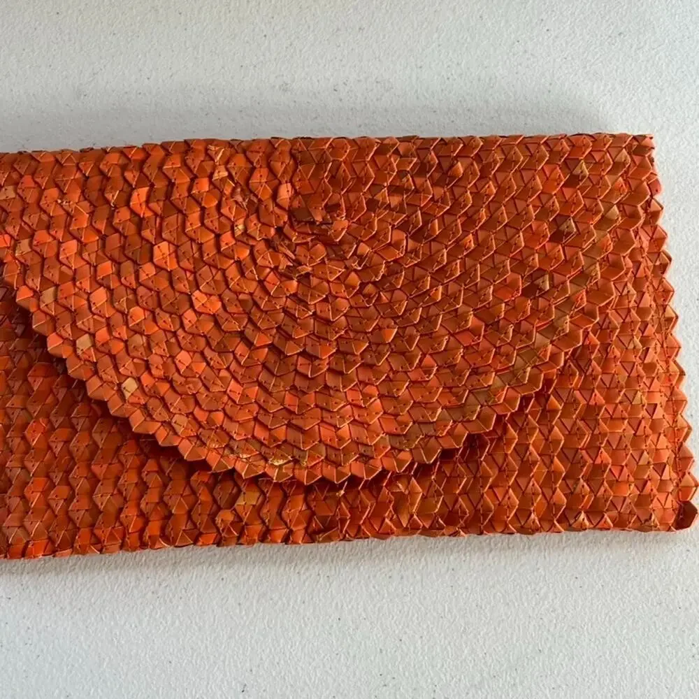 Artisan Handmade Palm Leaf Evening Clutch Woven Orange